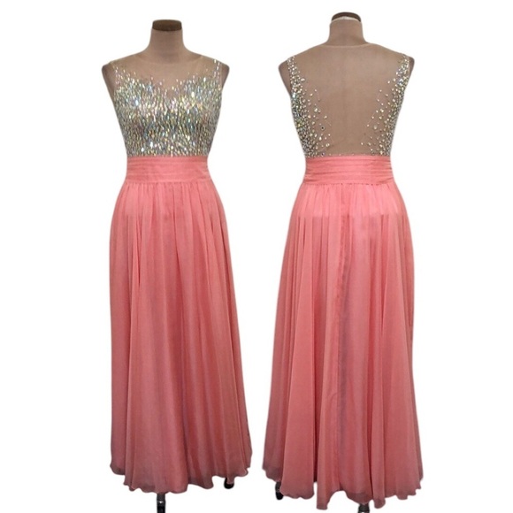 May Queen Prom Dress Size 2 Coral Pink Aurora Borealis Rhinestone Gown - Picture 1 of 9